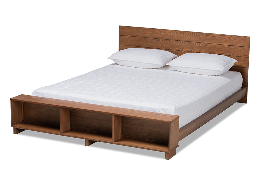 Baxton Studio Regina Modern Rustic Ash Walnut Brown Finished Wood Full Size Platform Storage Bed with Built-In Shelves