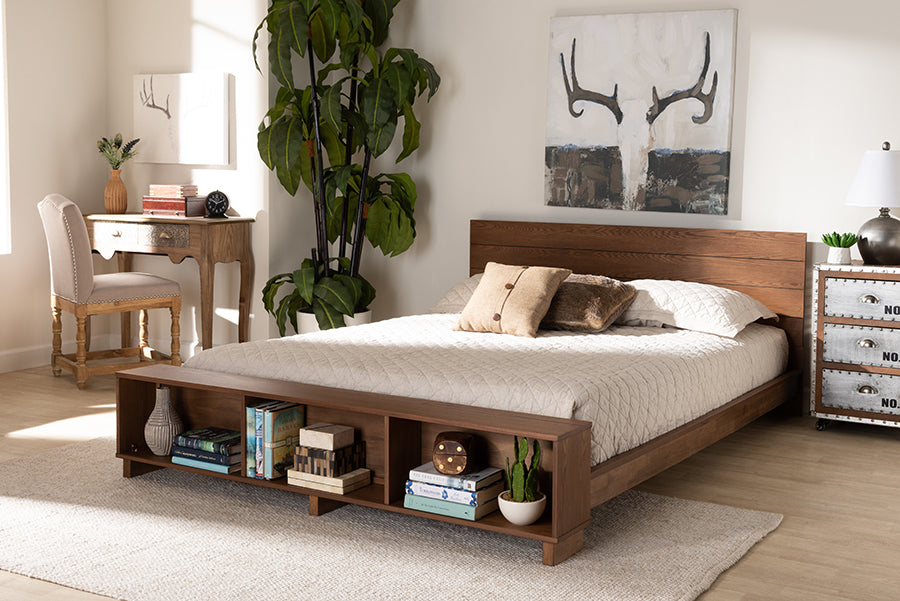 Baxton Studio Regina Modern Rustic Ash Walnut Brown Finished Wood Full Size Platform Storage Bed with Built-In Shelves