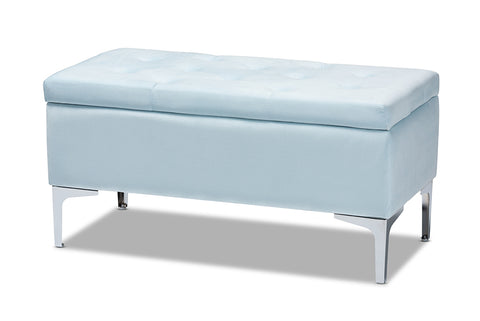 Baxton Studio Mabel Modern and Contemporary Transitional Light Blue Velvet Fabric Upholstered Silver Finished Storage Ottoman 