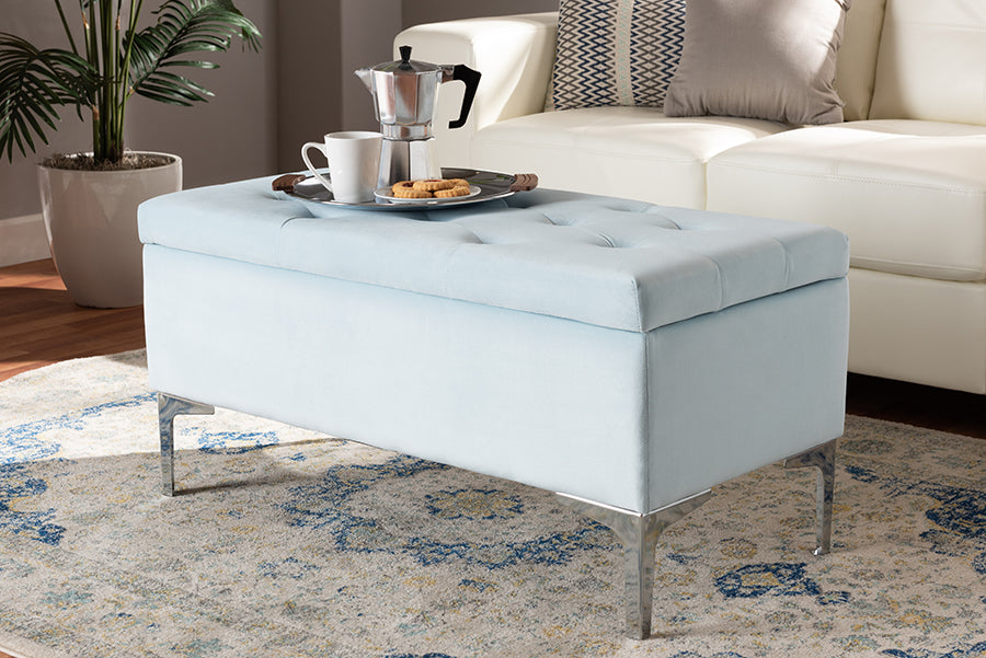 Baxton Studio Mabel Modern and Contemporary Transitional Light Blue Velvet Fabric Upholstered Silver Finished Storage Ottoman 