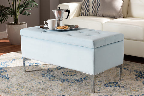 Baxton Studio Mabel Modern and Contemporary Transitional Light Blue Velvet Fabric Upholstered Silver Finished Storage Ottoman 