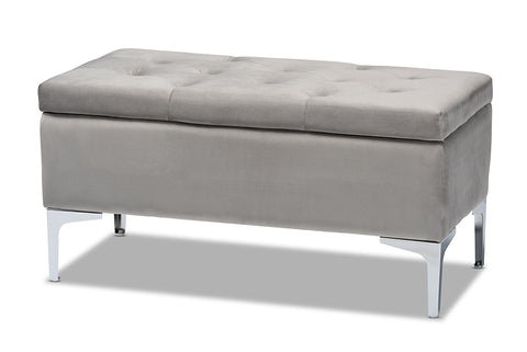 Baxton Studio Mabel Modern and Contemporary Transitional Grey Velvet Fabric Upholstered Silver Finished Storage Ottoman 