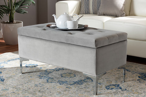 Baxton Studio Mabel Modern and Contemporary Transitional Grey Velvet Fabric Upholstered Silver Finished Storage Ottoman 