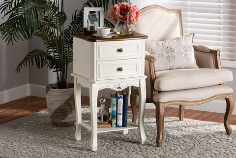 Baxton Studio Darla Classic and Traditional French White and Cherry Brown Finished Wood 2-Drawer End Table