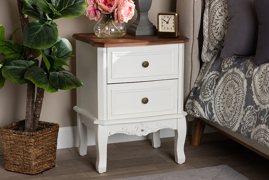 Baxton Studio Darlene Classic and Traditional French White and Cherry Brown Finished Wood 2-Drawer End Table