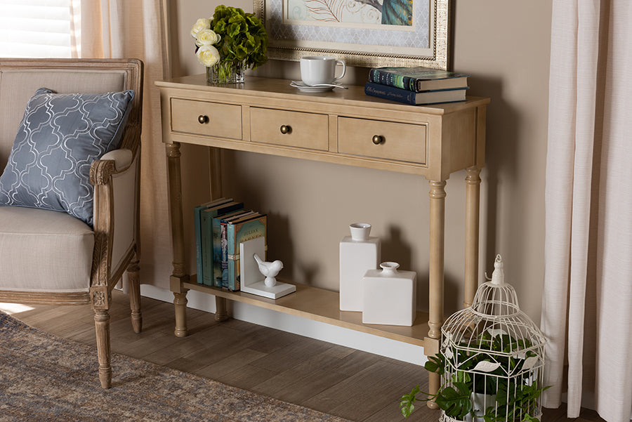 Baxton Studio Calvin Classic and Traditional French Farmhouse Oak Brown Finished Wood 3-Drawer Entryway Console Table
