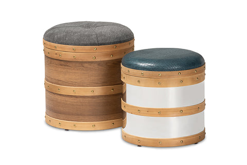 Baxton Studio Caleb Modern Grey Fabric and Alligator Faux Leather 2-Piece Storage Ottoman Set