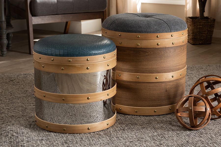 Baxton Studio Caleb Modern Grey Fabric and Alligator Faux Leather 2-Piece Storage Ottoman Set