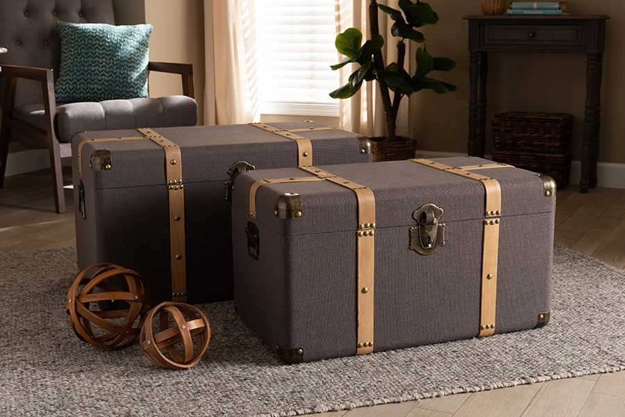 Baxton Studio Stephen Modern and Contemporary Transitional Dark Brown Fabric Upholstered and Oak Brown Finished 2-Piece Storage Trunk Set