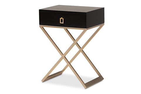 Baxton Studio Patricia Modern and Contemporary Black Finished Wood and Powder Coated Brass Effect Metal 1-Drawer End Table