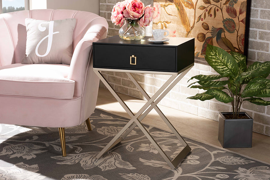Baxton Studio Patricia Modern and Contemporary Black Finished Wood and Powder Coated Brass Effect Metal 1-Drawer End Table