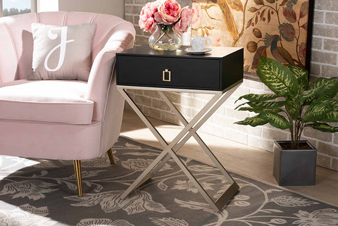 Baxton Studio Patricia Modern and Contemporary Black Finished Wood and Powder Coated Brass Effect Metal 1-Drawer End Table