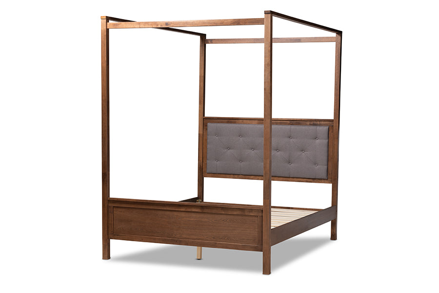 Baxton Studio Natasha Modern and Contemporary Grey Fabric Upholstered and Walnut Brown Finished Wood King Size Platform Canopy Bed