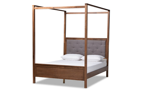Baxton Studio Natasha Modern and Contemporary Grey Fabric Upholstered and Walnut Brown Finished Wood Queen Size Platform Canopy Bed