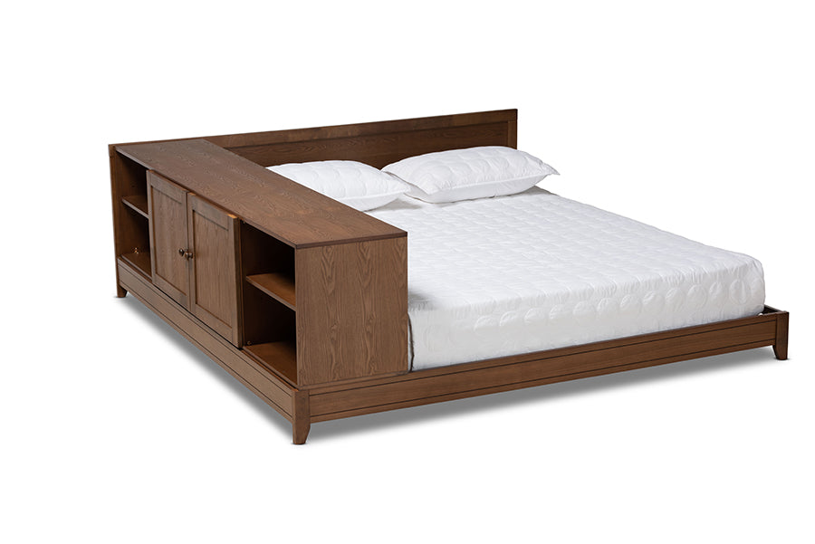 Baxton Studio Kaori Modern and Contemporary Transitional Walnut Brown Finished Wood Queen Size Platform Storage Bed