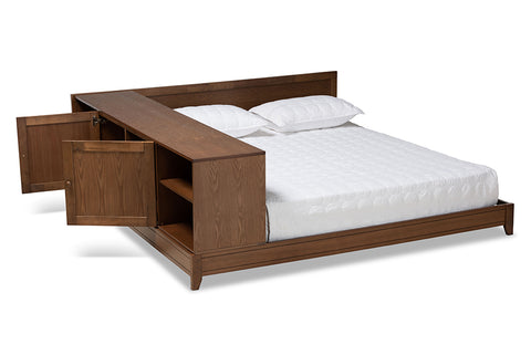 Baxton Studio Kaori Modern and Contemporary Transitional Walnut Brown Finished Wood Queen Size Platform Storage Bed