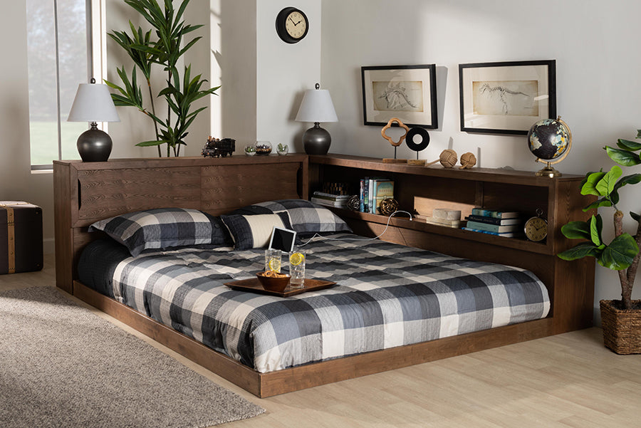 Baxton Studio Erie Modern Rustic and Transitional Walnut Brown Finished Wood Queen Size Platform Storage Bed with Built-In Outlet