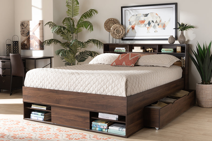 Baxton Studio Tristan Modern and Contemporary Walnut Brown Finished Wood 1-Drawer Queen Size Platform Storage Bed with Shelves