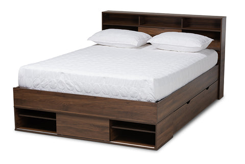 Baxton Studio Tristan Modern and Contemporary Walnut Brown Finished Wood 1-Drawer Queen Size Platform Storage Bed with Shelves