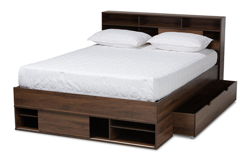 Baxton Studio Tristan Modern and Contemporary Walnut Brown Finished Wood 1-Drawer Queen Size Platform Storage Bed with Shelves