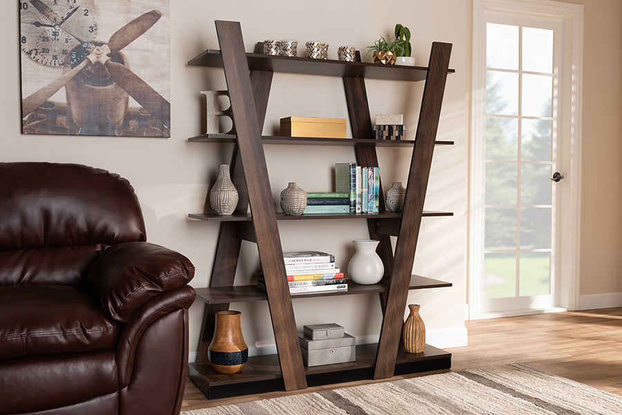 Baxton Studio Michio Modern and Contemporary Walnut Brown Finished 5-Tier Wood Geometric Living Room Display Shelf