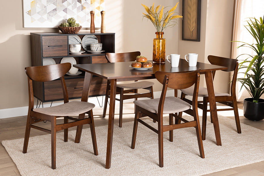 Baxton Studio Orion Mid-Century Modern Transitional Light Beige Fabric Upholstered and Walnut Brown Finished Wood 5-Piece Dining Set