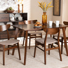 Baxton Studio Orion Mid-Century Modern Transitional Light Beige Fabric Upholstered and Walnut Brown Finished Wood 5-Piece Dining Set