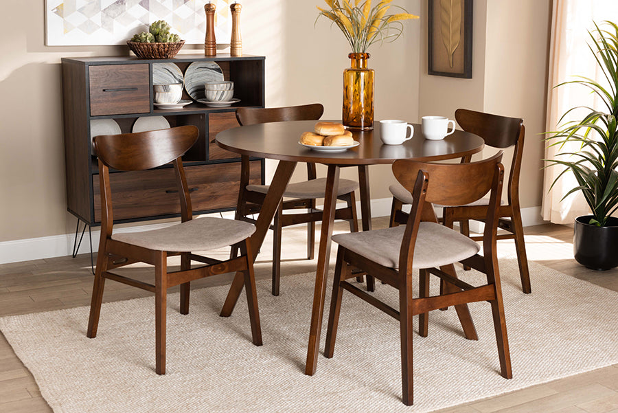 Baxton Studio Philip Mid-Century Modern Transitional Light Beige Fabric Upholstered and Walnut Brown Finished Wood 5-Piece Dining Set