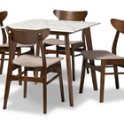 Baxton Studio Paras Mid-Century Modern Transitional Light Beige Fabric Upholstered and Walnut Brown Finished Wood 5-Piece Dining Set with Faux Marble Dining Table