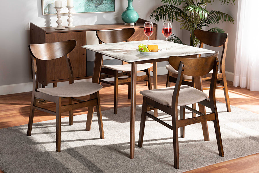 Baxton Studio Paras Mid-Century Modern Transitional Light Beige Fabric Upholstered and Walnut Brown Finished Wood 5-Piece Dining Set with Faux Marble Dining Table