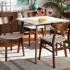 Baxton Studio Paras Mid-Century Modern Transitional Light Beige Fabric Upholstered and Walnut Brown Finished Wood 5-Piece Dining Set with Faux Marble Dining Table