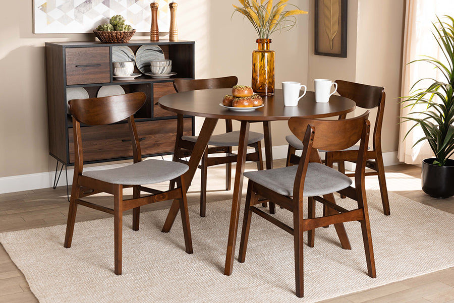 Baxton Studio Philip Mid-Century Modern Transitional Light Grey Fabric Upholstered and Walnut Brown Finished Wood 5-Piece Dining Set