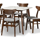 Baxton Studio Paras Mid-Century Modern Transitional Light Grey Fabric Upholstered and Walnut Brown Finished Wood 5-Piece Dining Set with Faux Marble Dining Table