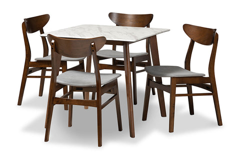 Baxton Studio Paras Mid-Century Modern Transitional Light Grey Fabric Upholstered and Walnut Brown Finished Wood 5-Piece Dining Set with Faux Marble Dining Table