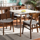 Baxton Studio Paras Mid-Century Modern Transitional Light Grey Fabric Upholstered and Walnut Brown Finished Wood 5-Piece Dining Set with Faux Marble Dining Table