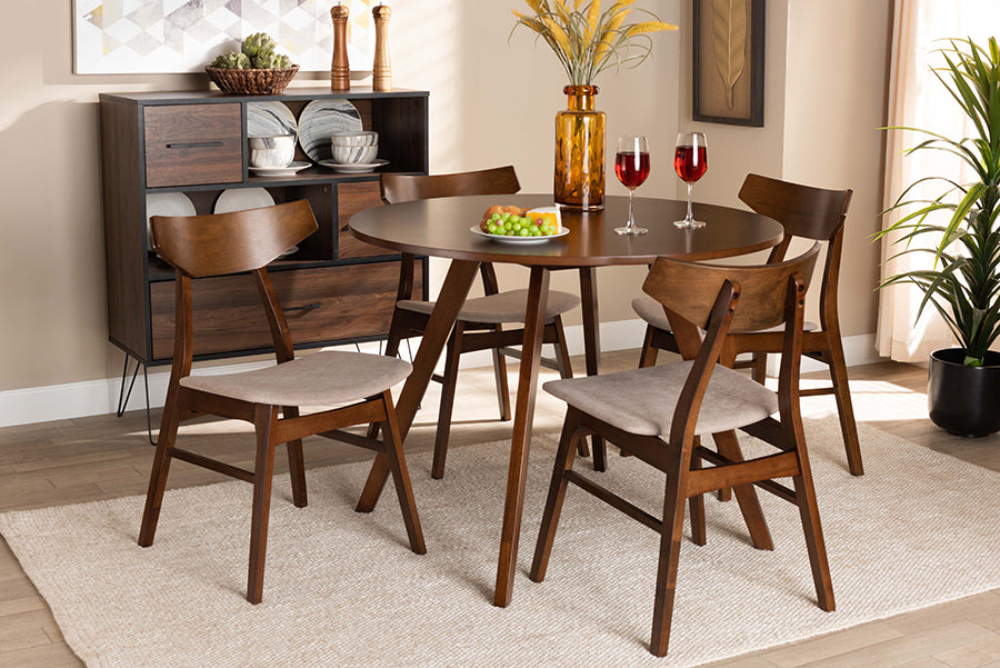 Baxton Studio Timothy Mid-Century Modern Transitional Light Beige Fabric Upholstered and Walnut Brown Finished Wood 5-Piece Dining Set