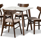 Baxton Studio Pearson Mid-Century Modern Transitional Light Beige Fabric Upholstered and Walnut Brown Finished Wood 5-Piece Dining Set with Faux Marble Table