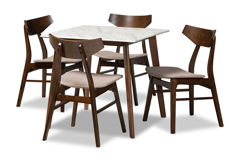 Baxton Studio Pearson Mid-Century Modern Transitional Light Beige Fabric Upholstered and Walnut Brown Finished Wood 5-Piece Dining Set with Faux Marble Table