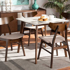Baxton Studio Pearson Mid-Century Modern Transitional Light Beige Fabric Upholstered and Walnut Brown Finished Wood 5-Piece Dining Set with Faux Marble Table