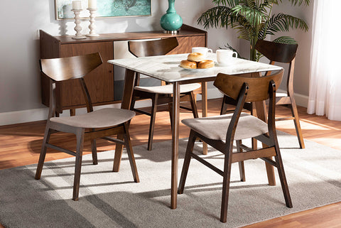 Baxton Studio Pearson Mid-Century Modern Transitional Light Beige Fabric Upholstered and Walnut Brown Finished Wood 5-Piece Dining Set with Faux Marble Table