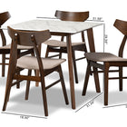 Baxton Studio Pearson Mid-Century Modern Transitional Light Beige Fabric Upholstered and Walnut Brown Finished Wood 5-Piece Dining Set with Faux Marble Table