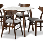 Baxton Studio Pearson Mid-Century Modern Transitional Light Grey Fabric Upholstered and Walnut Brown Finished Wood 5-Piece Dining Set with Faux Marble Table