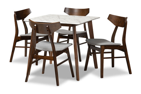 Baxton Studio Pearson Mid-Century Modern Transitional Light Grey Fabric Upholstered and Walnut Brown Finished Wood 5-Piece Dining Set with Faux Marble Table