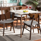 Baxton Studio Pearson Mid-Century Modern Transitional Light Grey Fabric Upholstered and Walnut Brown Finished Wood 5-Piece Dining Set with Faux Marble Table
