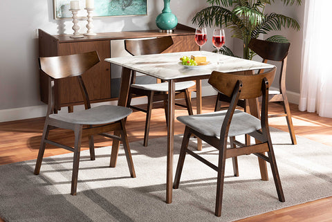 Baxton Studio Pearson Mid-Century Modern Transitional Light Grey Fabric Upholstered and Walnut Brown Finished Wood 5-Piece Dining Set with Faux Marble Table