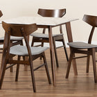 Baxton Studio Pearson Mid-Century Modern Transitional Light Grey Fabric Upholstered and Walnut Brown Finished Wood 5-Piece Dining Set with Faux Marble Table