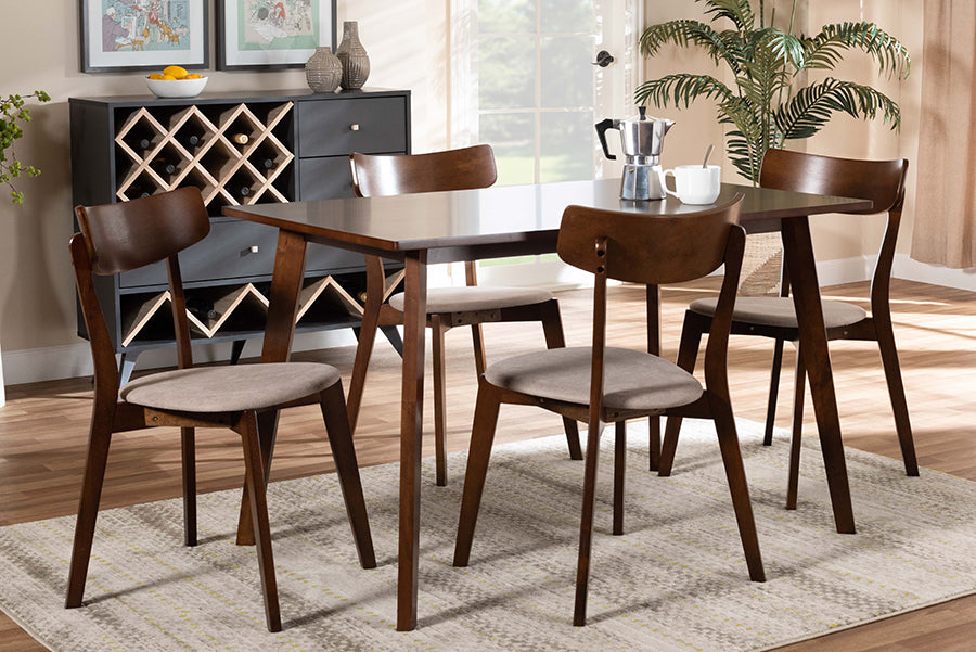 Baxton Studio Nori Mid-Century Modern Transitional Light Beige Fabric Upholstered and Walnut Brown Finished Wood 5-Piece Dining Set