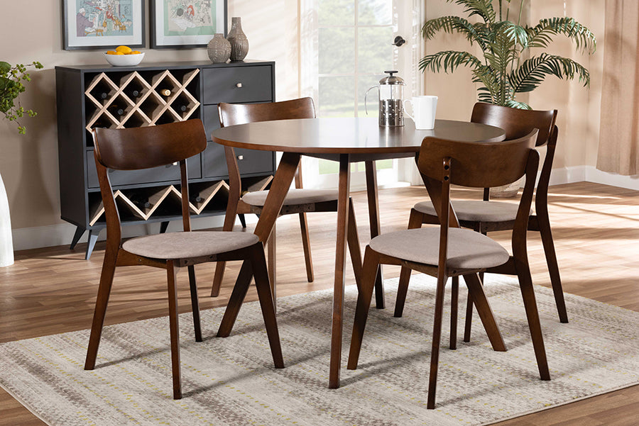 Baxton Studio Rika Mid-Century Modern Transitional Light Beige Fabric Upholstered and Walnut Brown Finished Wood 5-Piece Dining Set