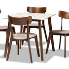 Baxton Studio Reba Mid-Century Modern Light Beige Fabric Upholstered and Walnut Brown Finished Wood 5-Piece Dining Set with Faux Marble Dining Table