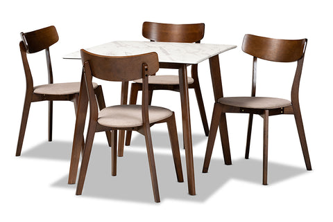 Baxton Studio Reba Mid-Century Modern Light Beige Fabric Upholstered and Walnut Brown Finished Wood 5-Piece Dining Set with Faux Marble Dining Table